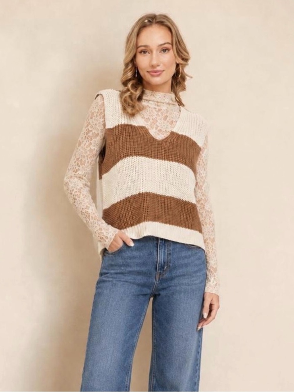Boutique striped v-neck knitted sweater vest / coffee & cream